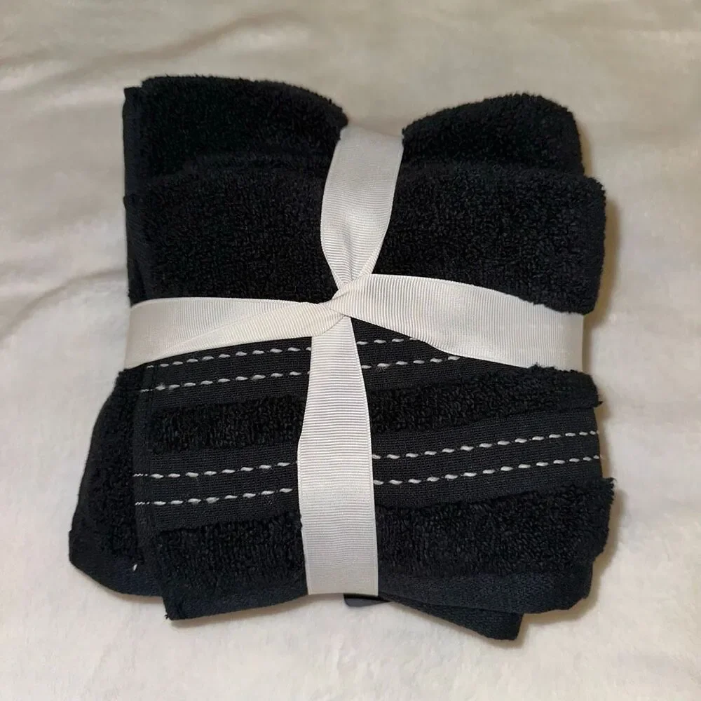 Brooks Brothers Wash Cloths Set of 4 Black with White Stitching 100% Cotton NWT